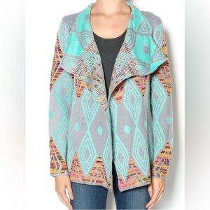 Petrol | Aztec Print Open Front Cardigan | Aqua,‎ Grey, Orange | Small/Medium